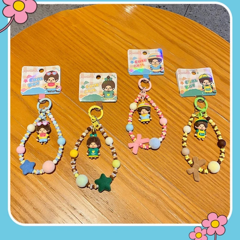 Genuine Monchhichi Flocked Beaded Keychain, Cute Cartoon Mini Monchhichi Figurine Charm, Women’s Bag  Phone Strap