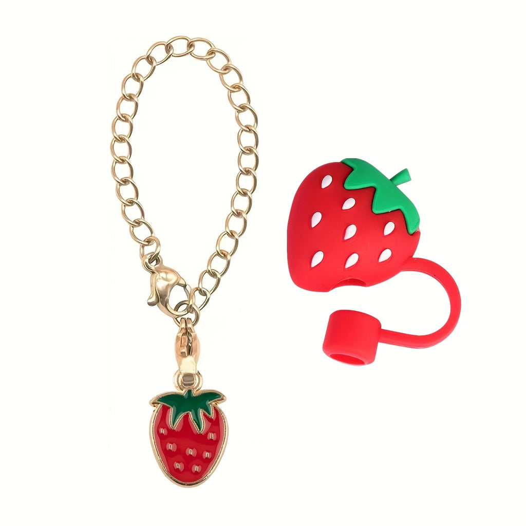 2set Silicone Fruit Straw Cover Cap With Chain Charm Strawberry Pineapple For Stanley Tumblers With Handle 8mm Drinking Straw