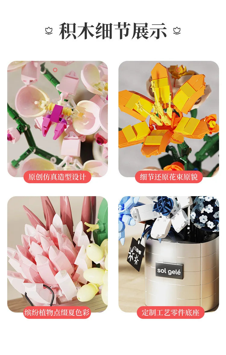 Big Flowers Bouquet Building Blocks Set Flowers Models Home Decor Botanical Collection Bricks Toys for Adults Mother's Day