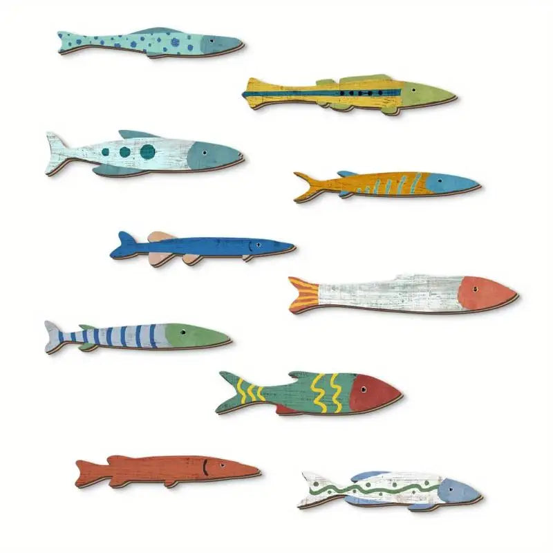 Handcrafted Wooden Ocean Wall Decor Fish Set Coastal Style For Home Bathroom