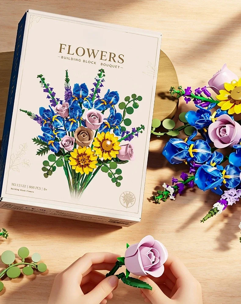 866pcs Botanical Flower Bouquet Set, Blue Iris Rose Plant Building Blocks, 3D Creative Desktop Decoration, Valentine Gift