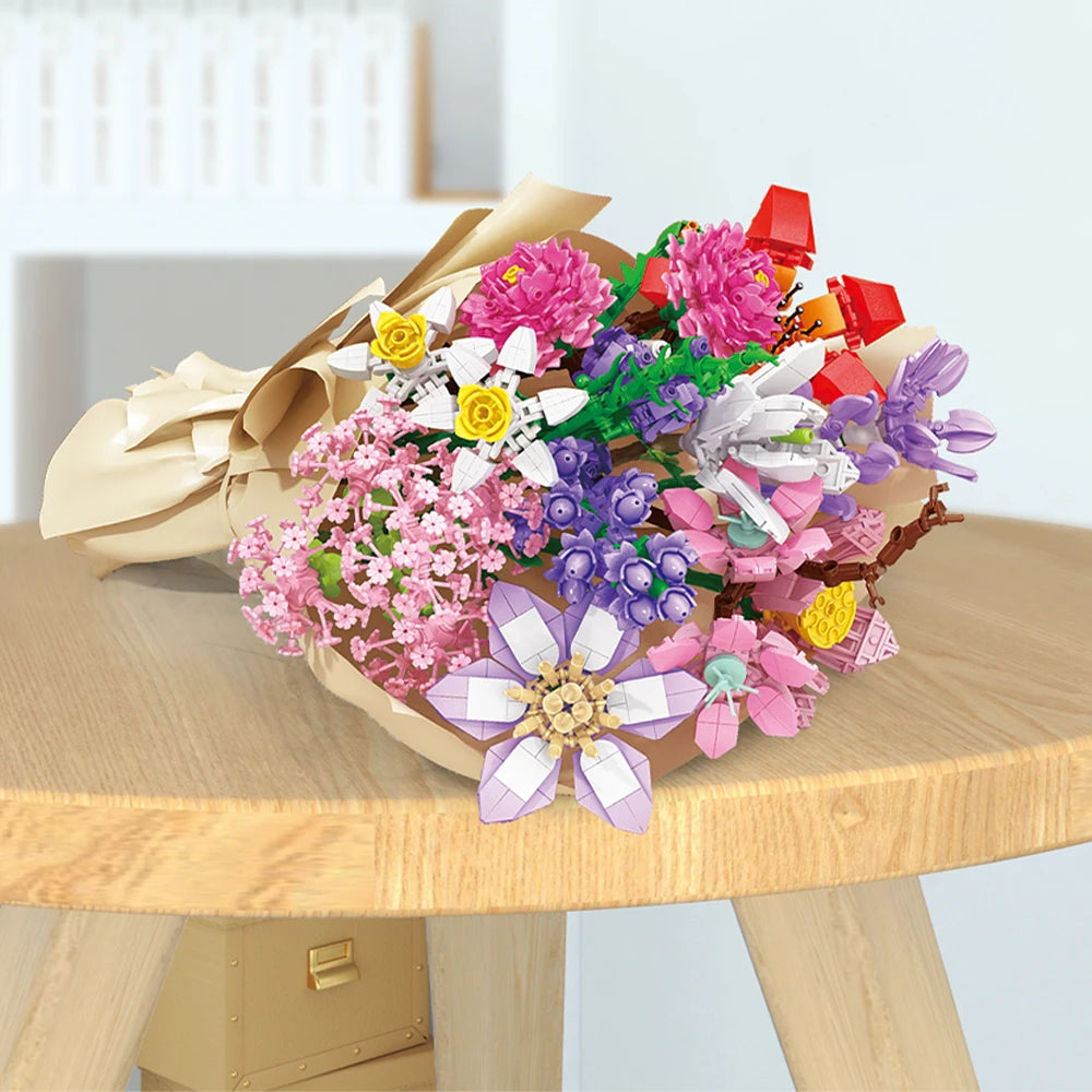 Creativity Potted Plants Bouquet Rose Lily Flower Home Desk Plant Decoration Assemble Building Blocks Bricks Toys Girls Gift