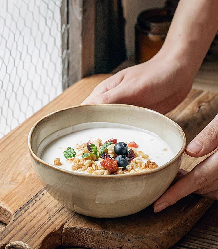 YWDL 500ml Vintage Ceramic Salad Bowl Heat-resistant Rice Soup Bowl Irregular Edges Kitchen Noodle Bowl Microwave Safe 5.5inch