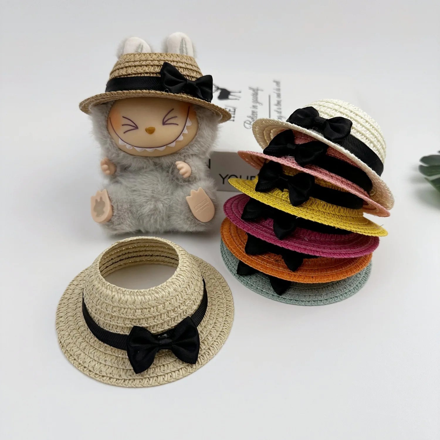 Clothes For Labubu Open-Top Straw Hat Labubu Hat with Bow 1st 2nd 3rd Gen 17cm Labubu Sitting Party Outfit Accessories
