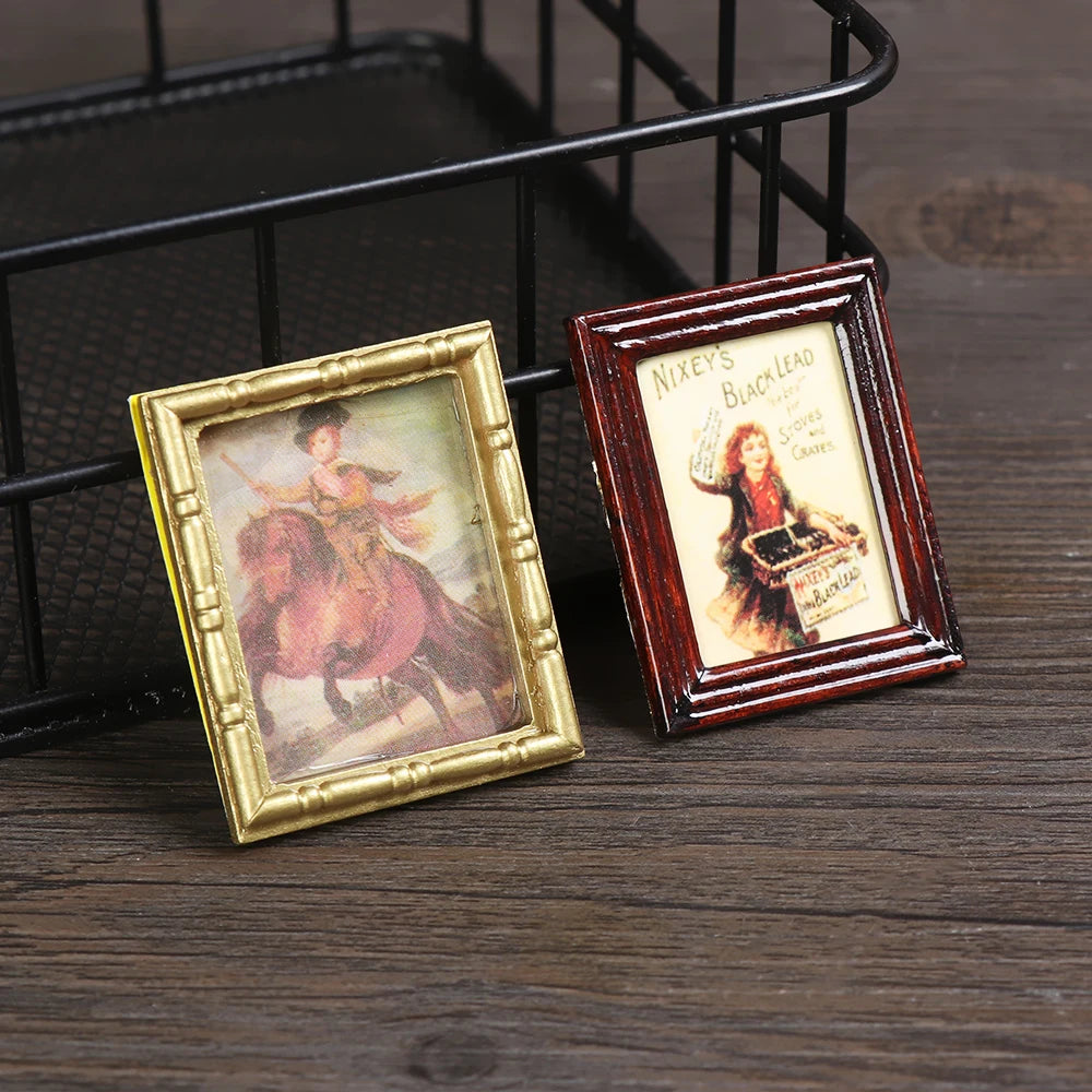 Vintage 1:12 Miniature Framed Photos Oil Painting Toys Doll Accessories Dollhouse Ornament Mural Wall Picture Miniaturas Casa