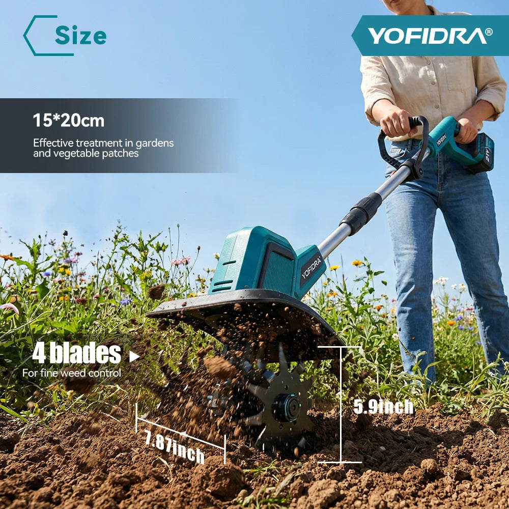 YOFIDRA Brushless Electric Garden Tiller Lawn Mower Rototiller For Soil Cultivation Garden Power Tool For Makita 21V Battery Pin