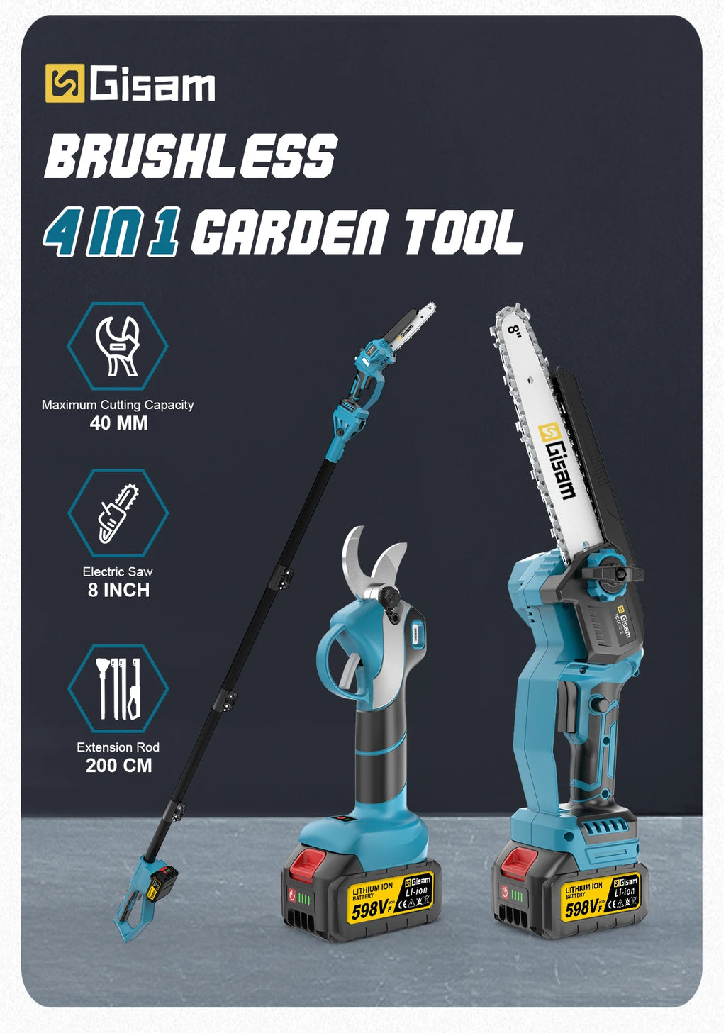 Gisam 4 IN 1 Brushless Telescoping Pole Electric Chainsaw High Branch Scissor Gardening Power Tool For Makita 18V Batter Pins