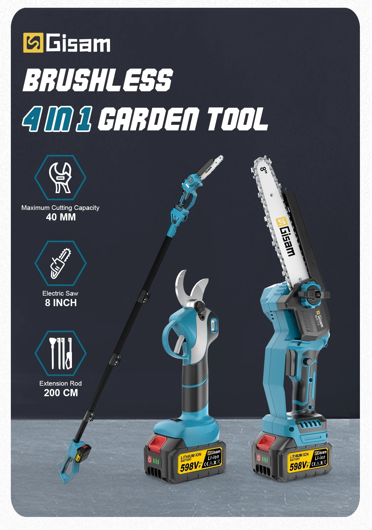 Gisam 4 IN 1 Brushless Telescoping Pole Electric Chainsaw High Branch Scissor Gardening Power Tool For Makita 18V Batter Pins