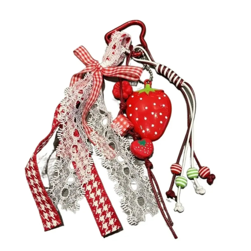 Bag Decoration Strawberry Bag Charms Girl Heart Trinket Riband Strawberry Keychain Anti-Lost Jewelry Girl Sweet Key Chain