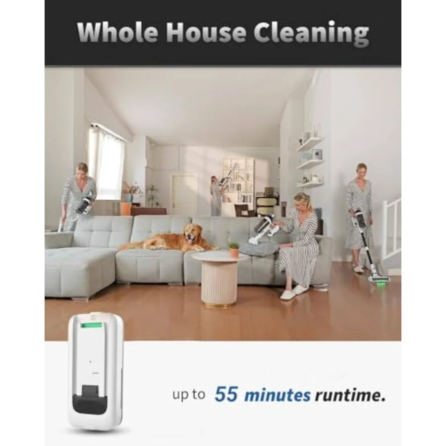 Cordless Vacuum Cleaner 55Mins for Home 15-in-1 Self-Standing Stick Vacuum with LED Light Anti-Tangle Wall Mount Charge Lightwe