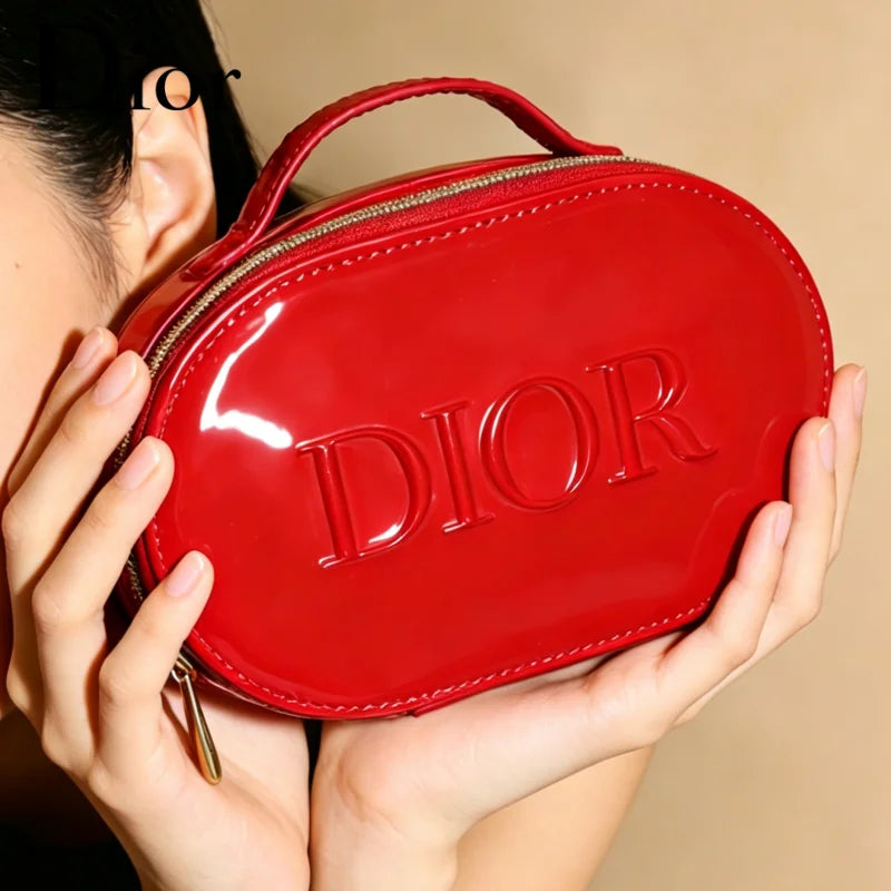 Dior Dior’s Bag Luxury Glossy Bright Red Oval Handheld Makeup Organizer Pouch Patent Leather Embossed Logo Waterproof Travel Cos