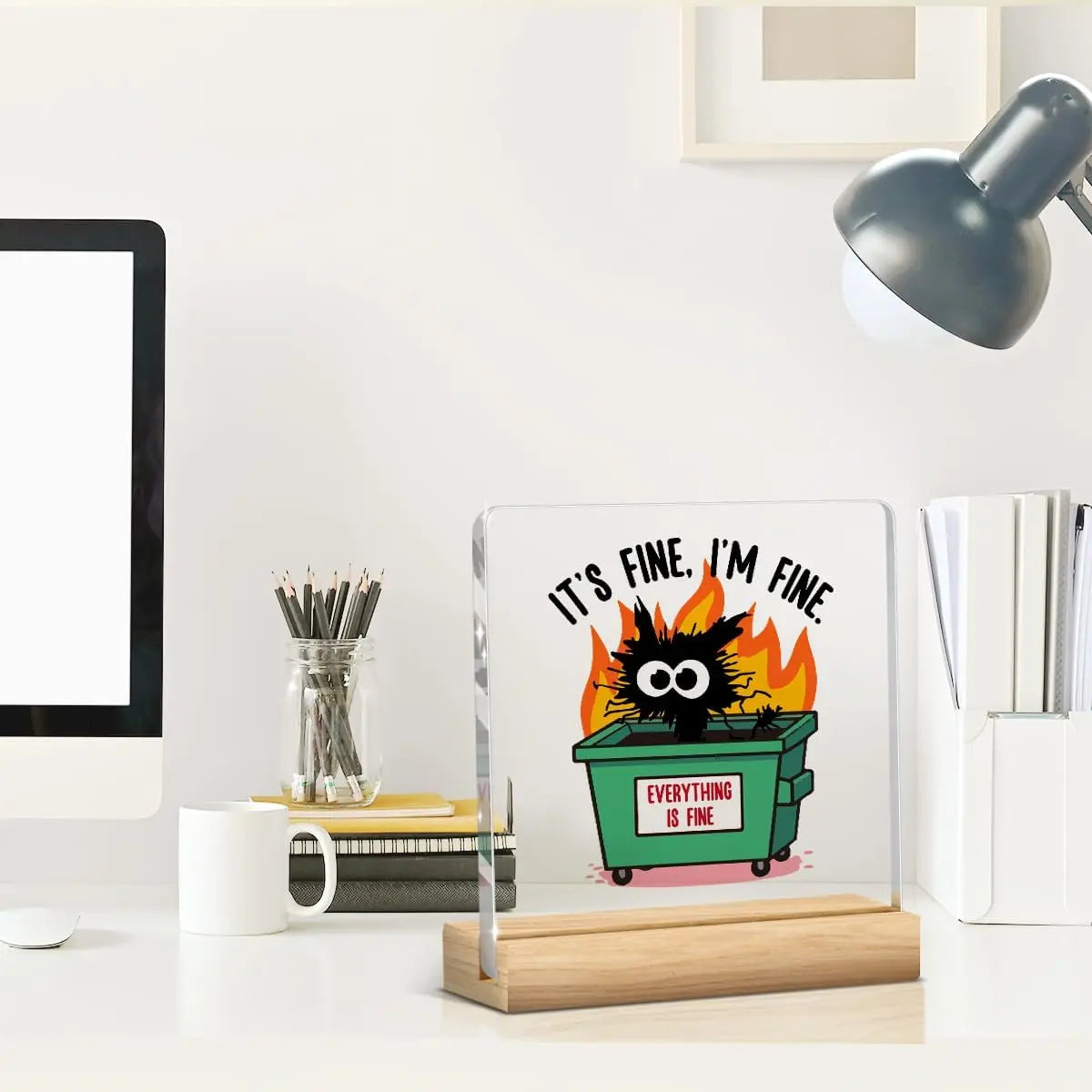 Dumpster Fire Desk Accessories, Funny Office Decor, It's Fine, I'm Fine, Everything Is Fine Inspirational Gifts for Women Men