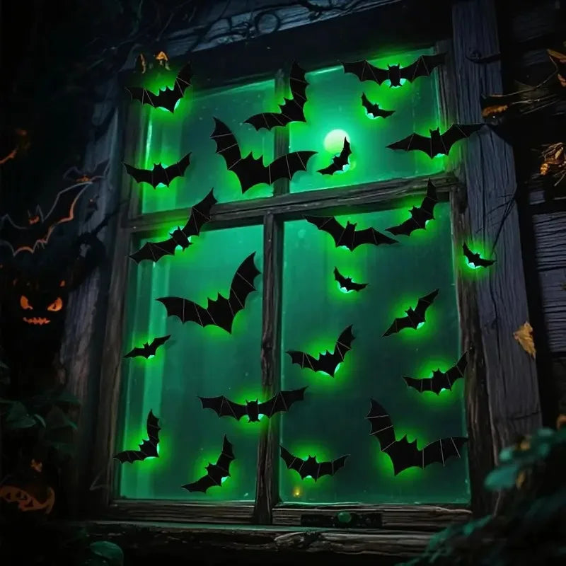 Halloween Decorations 3D Lighted Bats with Purple Green LED Lights Waterproof Window Wall Stickers for Indoor Outdoor Decor