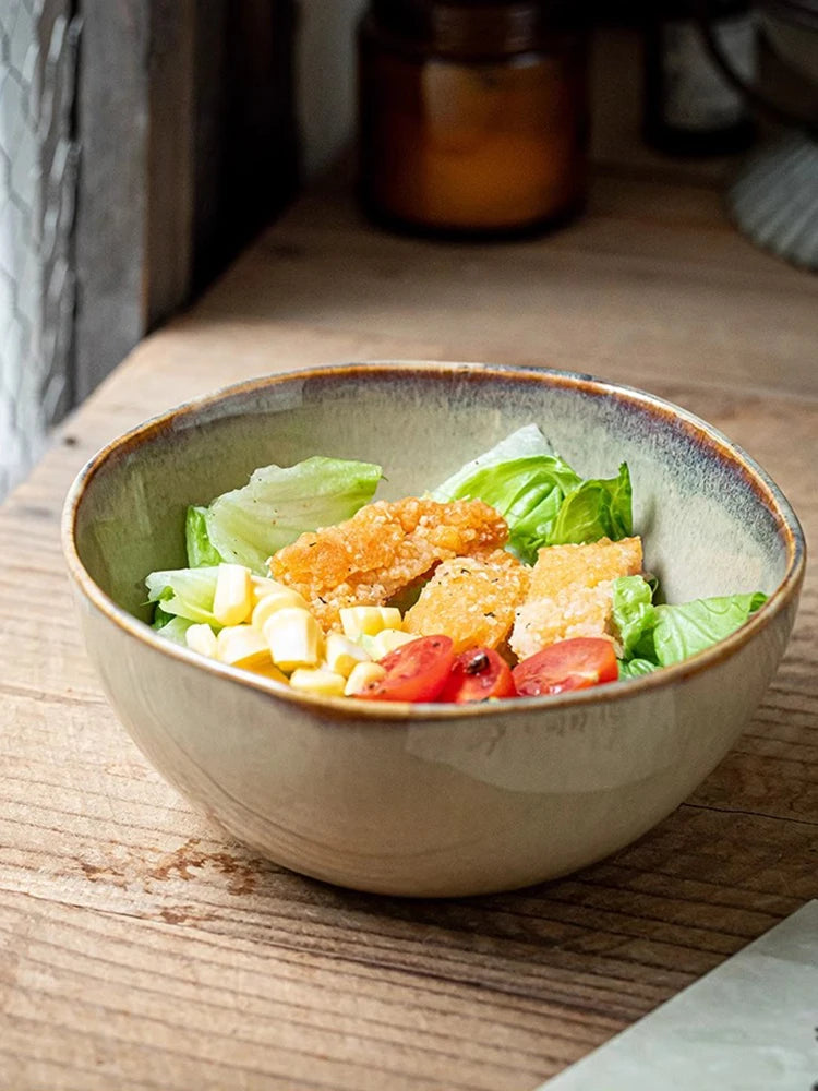 YWDL 500ml Vintage Ceramic Salad Bowl Heat-resistant Rice Soup Bowl Irregular Edges Kitchen Noodle Bowl Microwave Safe 5.5inch