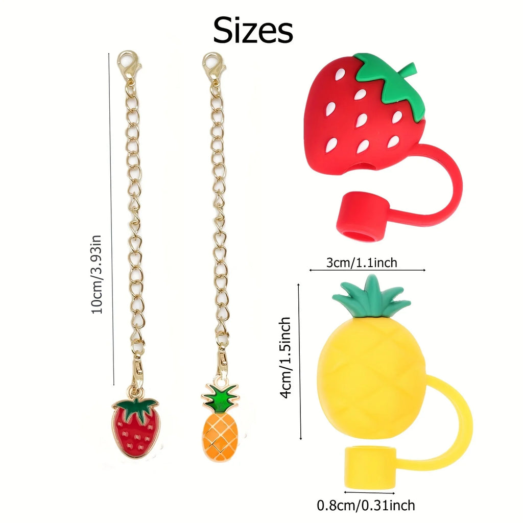 2set Silicone Fruit Straw Cover Cap With Chain Charm Strawberry Pineapple For Stanley Tumblers With Handle 8mm Drinking Straw
