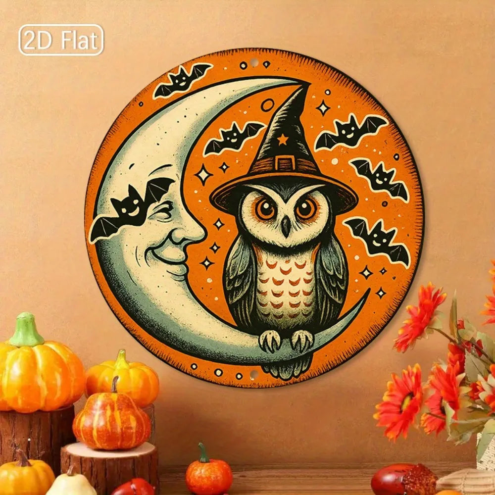 1pc Halloween Owl & Moon Metal Wall Art - 2D Round Aluminum Sign, Spooky Decor for Living Room Halloween Corners