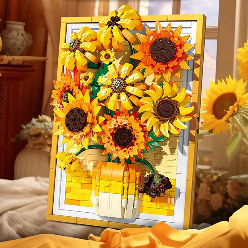 Creative Van Gogh Sunflowers Bouquet Painting Building Blocks Flower Potted Plant  Decoration Assemble Bricks Toy For Gift Adult