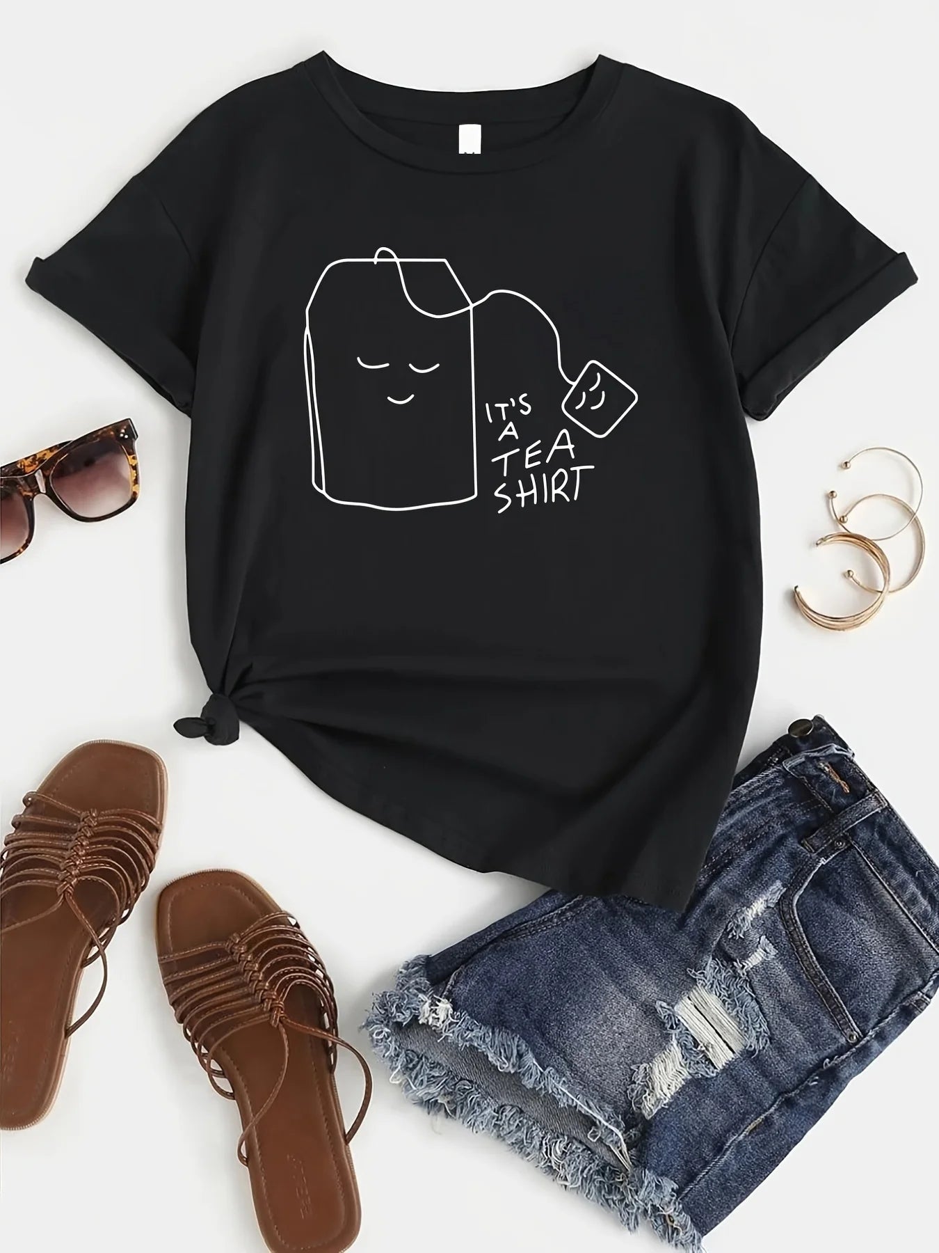 Tea Shirt Print T-Shirt, Funny Print Short Sleeve Crew Neck Casual Top For Spring & Summer, Women's Clothing