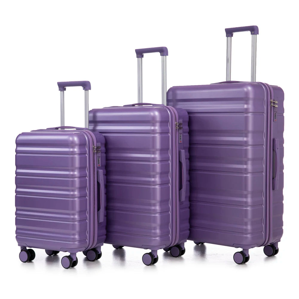 Purple 3 Piece ABS Luggage Set 20/24/28 Inch Spinner Wheels Carry on Suitcase Matching Color Combination Lock