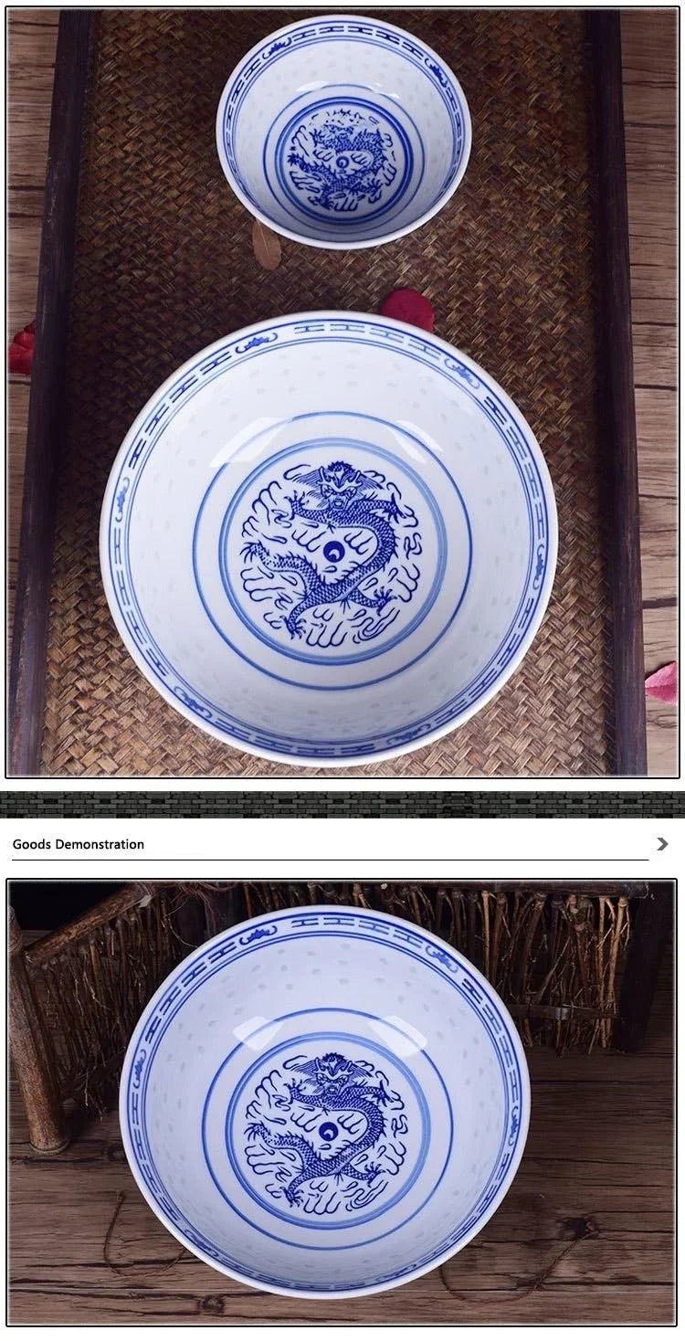 Ceramic Tableware Blue And White Porcelain Ramen Soup Bowl Chinese Rice Bowls Dragon Pattern Vintage Dinnerware