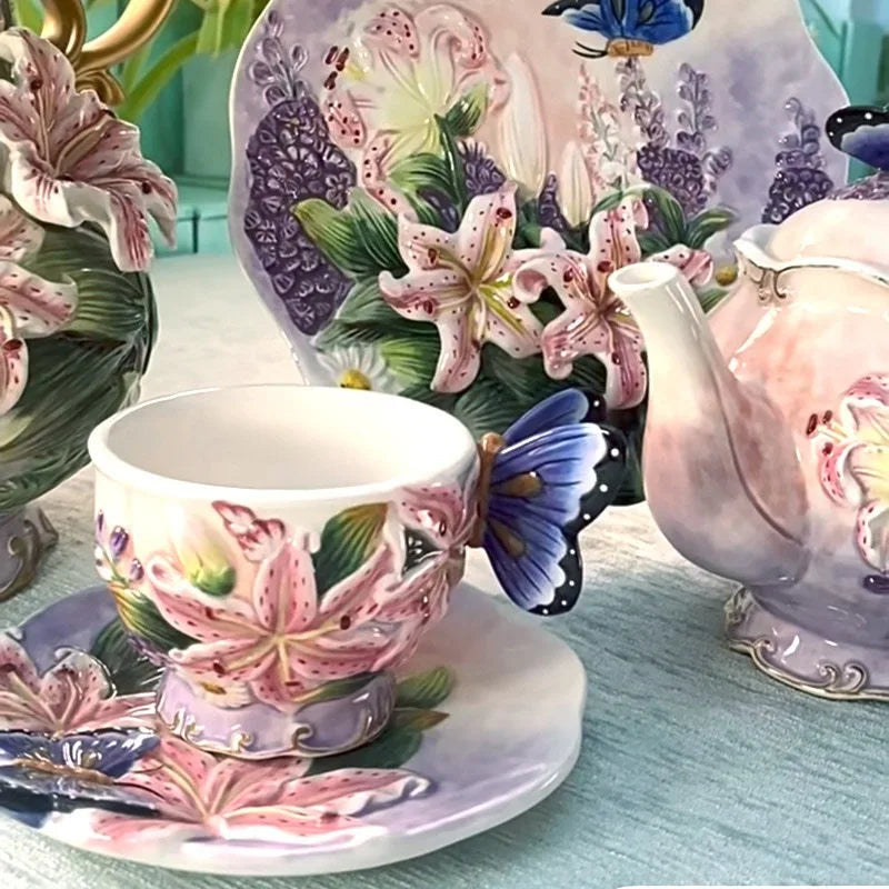 European Style Ceramic Coffee Pot, Hand-painted Butterfly Orchid Teapot, Tea Cup Set, Exquisite Creative Gift, Cafe Accessories