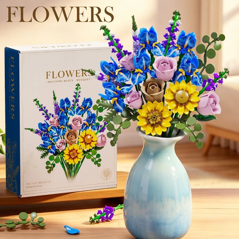 866pcs Botanical Flower Bouquet Set, Blue Iris Rose Plant Building Blocks, 3D Creative Desktop Decoration, Valentine Gift