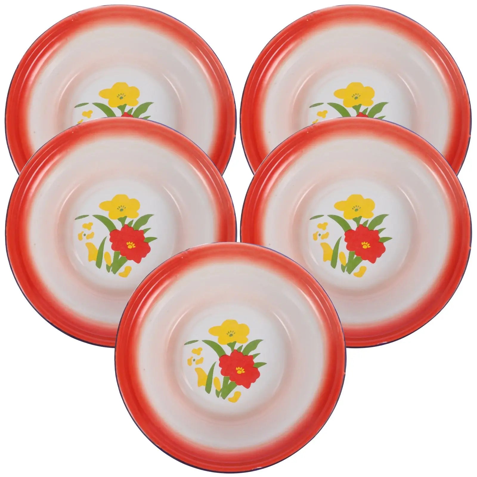 5 Pcs Red Floral Retro Enamel Disc Vintage Dinnerware Sets Enamelware Bowls Metal Plates Kitchen Storage Serving Tableware