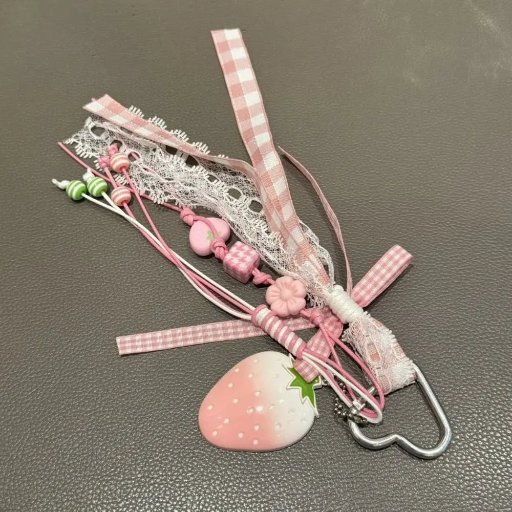 Bag Decoration Strawberry Bag Charms Girl Heart Trinket Riband Strawberry Keychain Anti-Lost Jewelry Girl Sweet Key Chain
