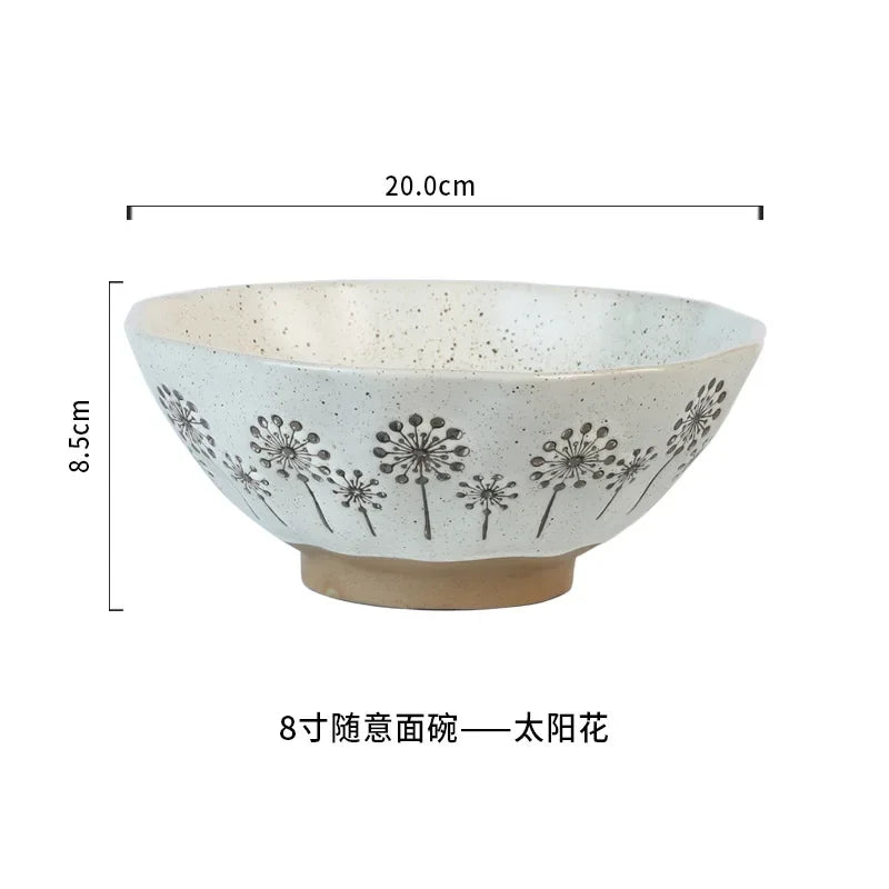 coarse pottery bowl, retro ceramic tableware, underglaze colored noodle bowl, lace soup bowl, household hat  commercial ramen