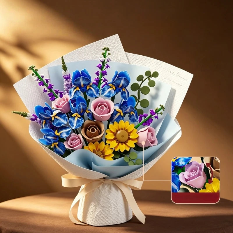 866pcs Botanical Flower Bouquet Set, Blue Iris Rose Plant Building Blocks, 3D Creative Desktop Decoration, Valentine Gift