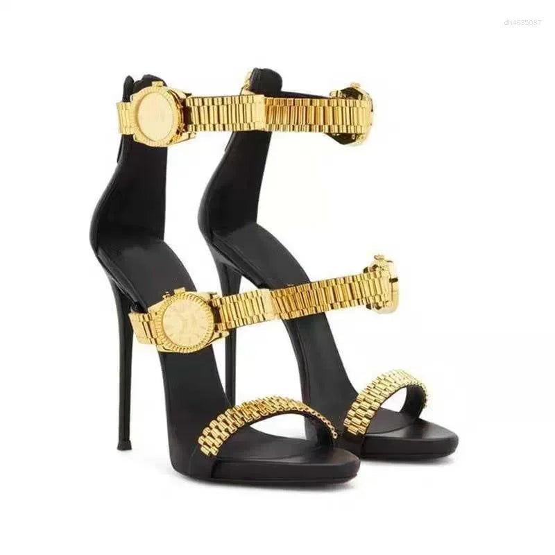 Sandals Womens Golden Watch Embellished Strap Sexy 12cm Stilettos High Heel Open Toe Ladies Heels Party Shoes
