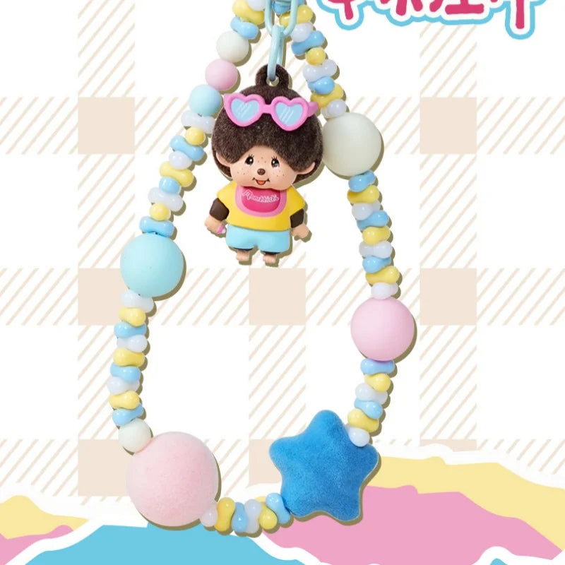 Genuine Monchhichi Flocked Beaded Keychain, Cute Cartoon Mini Monchhichi Figurine Charm, Women’s Bag  Phone Strap