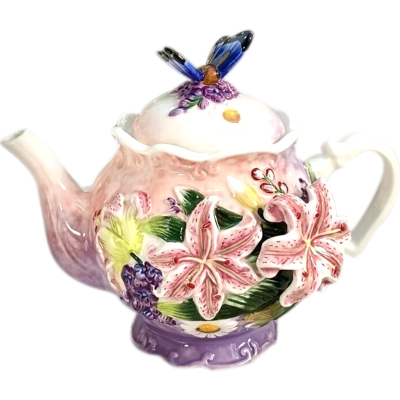 European Style Ceramic Coffee Pot, Hand-painted Butterfly Orchid Teapot, Tea Cup Set, Exquisite Creative Gift, Cafe Accessories