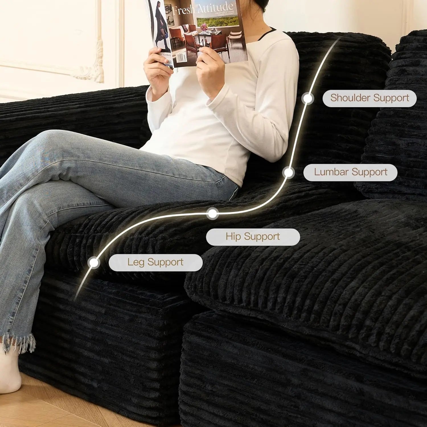 Plush Corduroy U Shaped Modular Sectional Sofa Deep Seat Living Room Black Customized