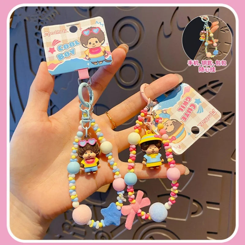 Genuine Monchhichi Flocked Beaded Keychain, Cute Cartoon Mini Monchhichi Figurine Charm, Women’s Bag  Phone Strap