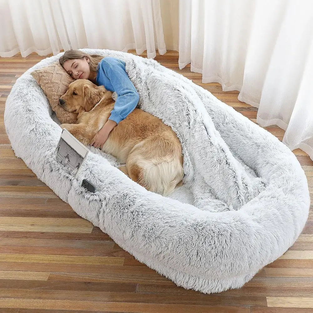Human Dog Bed - 71"x45"x12" its You & Pets, Washable aux ur, Orthopedic, Plump Pillow, Blanket, Strap - Grey