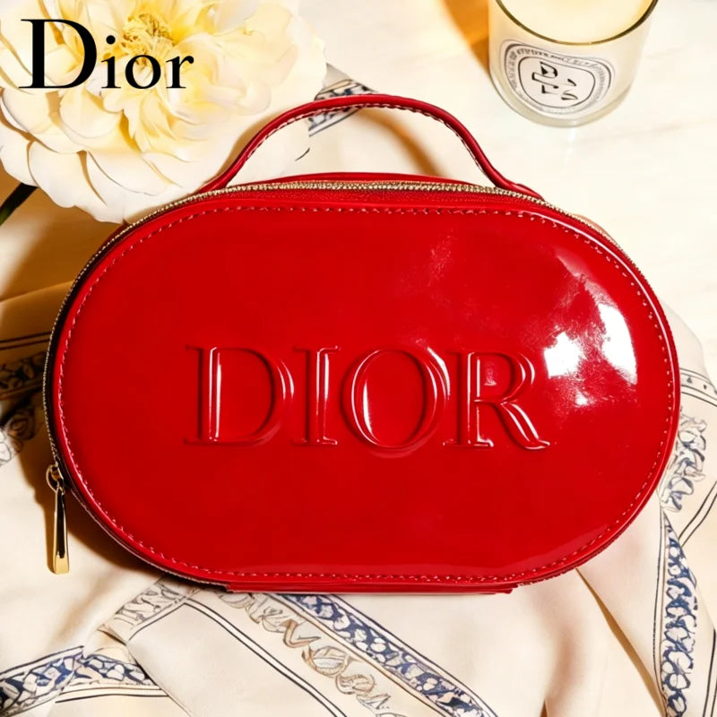 Dior Dior’s Bag Luxury Glossy Bright Red Oval Handheld Makeup Organizer Pouch Patent Leather Embossed Logo Waterproof Travel Cos