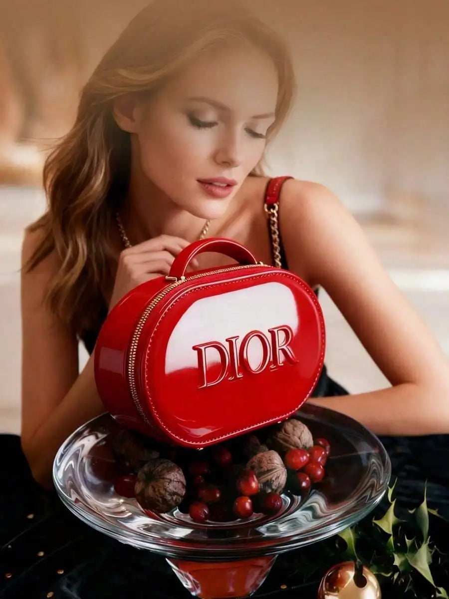 Dior Dior’s Bag Luxury Glossy Bright Red Oval Handheld Makeup Organizer Pouch Patent Leather Embossed Logo Waterproof Travel Cos
