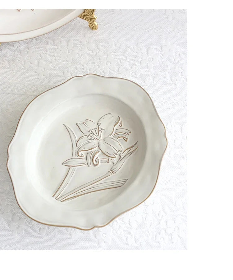 Ceramic Plates Vintage Style Dinner Plate Tulip Relief Ceramic Plates Steak Pasta Dishes Tableware Household Use Tableware Home