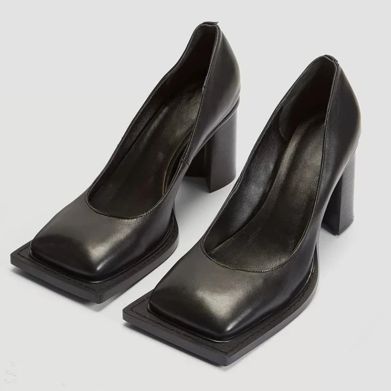 Retro Black Thick Heel Pumps Women Fashion Square Toe Shallow Designer Shoes Elegant Cozy Commuter Office Shoes Zapatos De Mujer