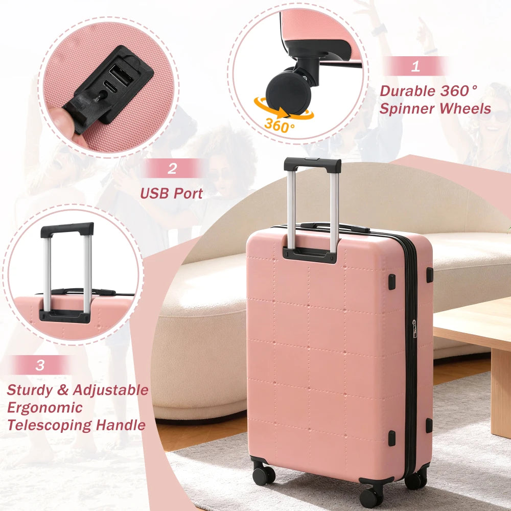 Hardside 5PCS Luggage Set with Bags 20" Half-opening Carry on With USB Port Expandable 24" 28" Double Spinner Wheels TSA Lock