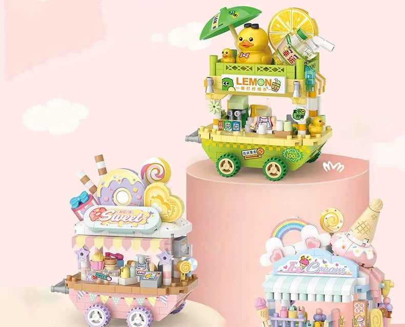 LOZ Street series dessert vending carts, lemon tea vending carts, model assembly, accessories, trolleys, parent-child assembly t