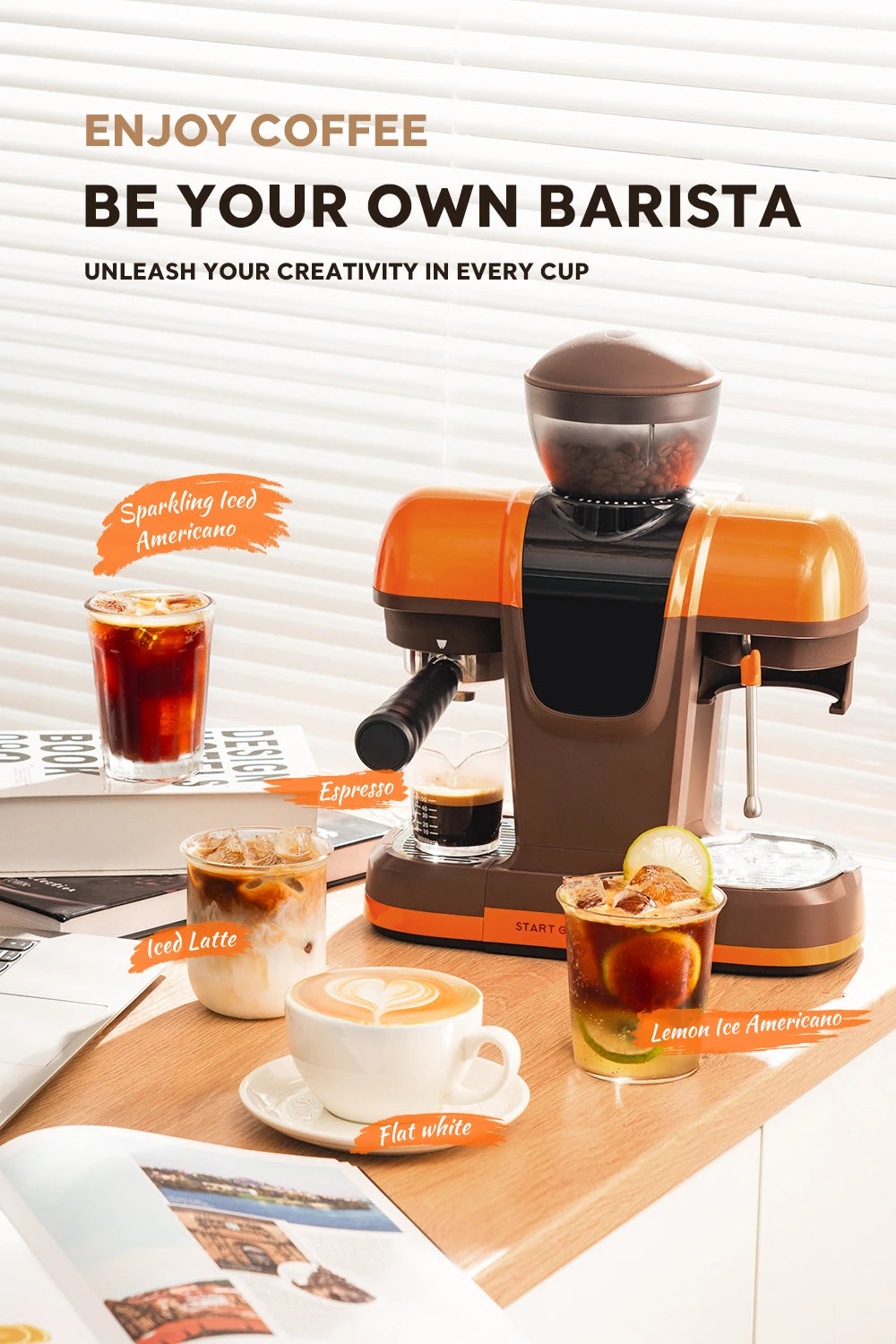 I Cafilas 19 Bar Semi Automatic Espresso Coffee Maker With Grinder Bean For Cappuccino and Latte Milk Frothing System Machine