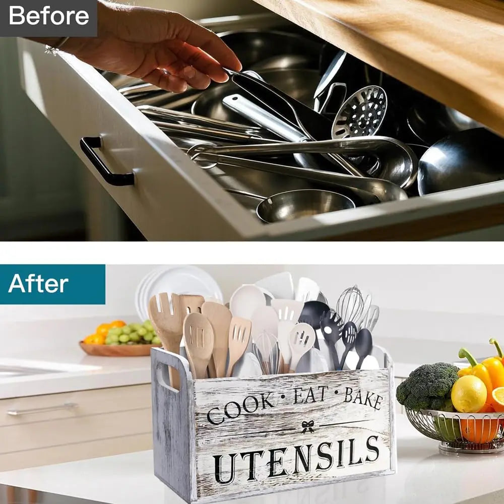 Kitchen Utensil Rack with Three Compartments Rustic Wooden Storage Box Vintage Tableware Farmhouse Dish Cabinet Forks Spoo