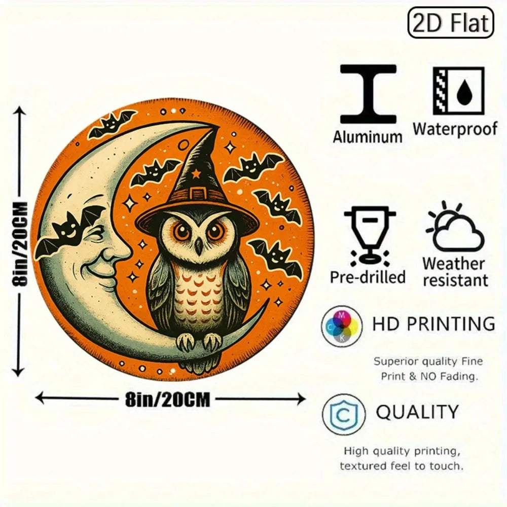 1pc Halloween Owl & Moon Metal Wall Art - 2D Round Aluminum Sign, Spooky Decor for Living Room Halloween Corners