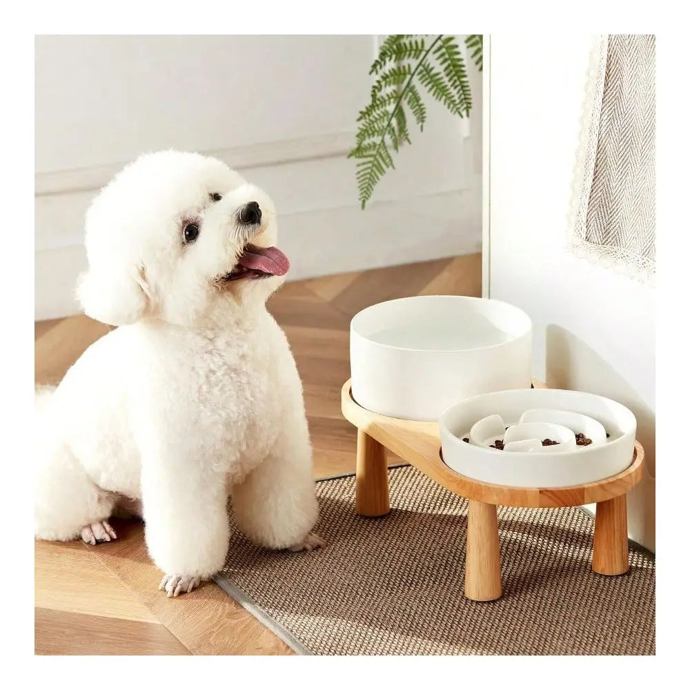 Dog Bowl Dog SuppliesSlow Feeder And Water Bowl Set For Medium And Large Dogs Ceramic Dog Bowls Elevated With Wooden Stand 2.0 C
