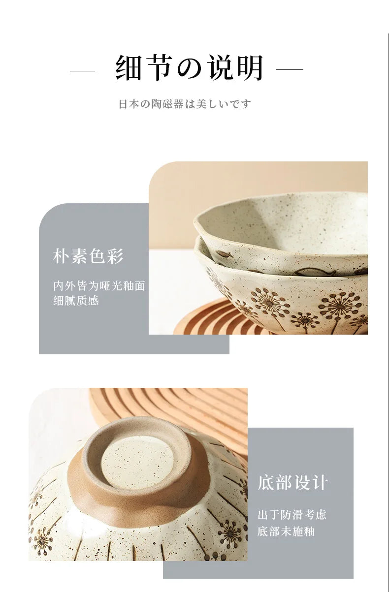coarse pottery bowl, retro ceramic tableware, underglaze colored noodle bowl, lace soup bowl, household hat  commercial ramen