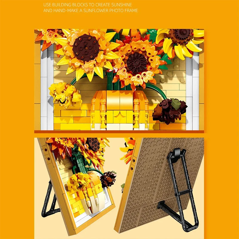 Creative Van Gogh Sunflowers Bouquet Painting Building Blocks Flower Potted Plant  Decoration Assemble Bricks Toy For Gift Adult
