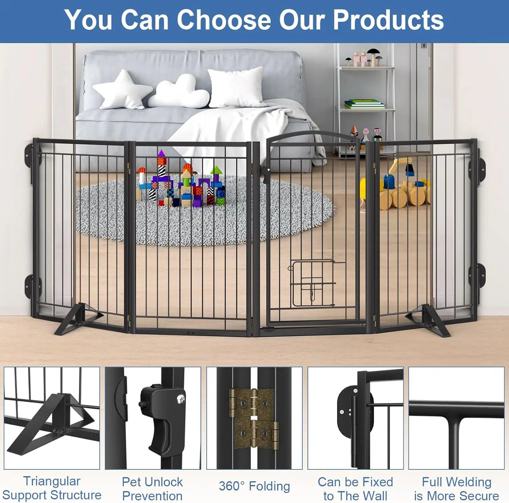 32" Tall Foldable Dog Gate with Cat Door, 80" Wide Freestanding Pet Fence for Indoor Outdoor Use, Stairs Deck Yard