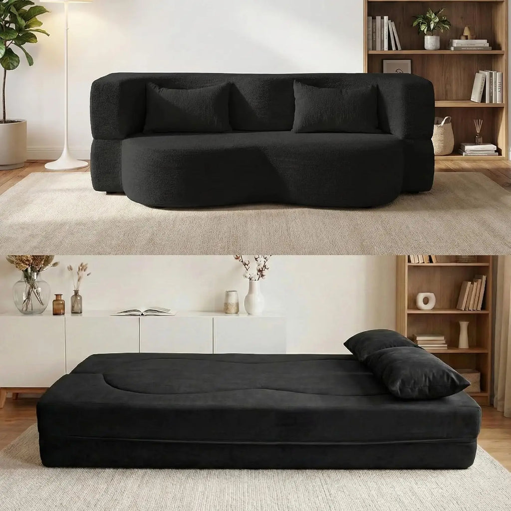 Convertible Sofa Bed, 78'' Queen Size Folding Sleeper Sofa with Pillow, 2-in-1 Teddy Fabric Boneless Loveseat Floor, Customized